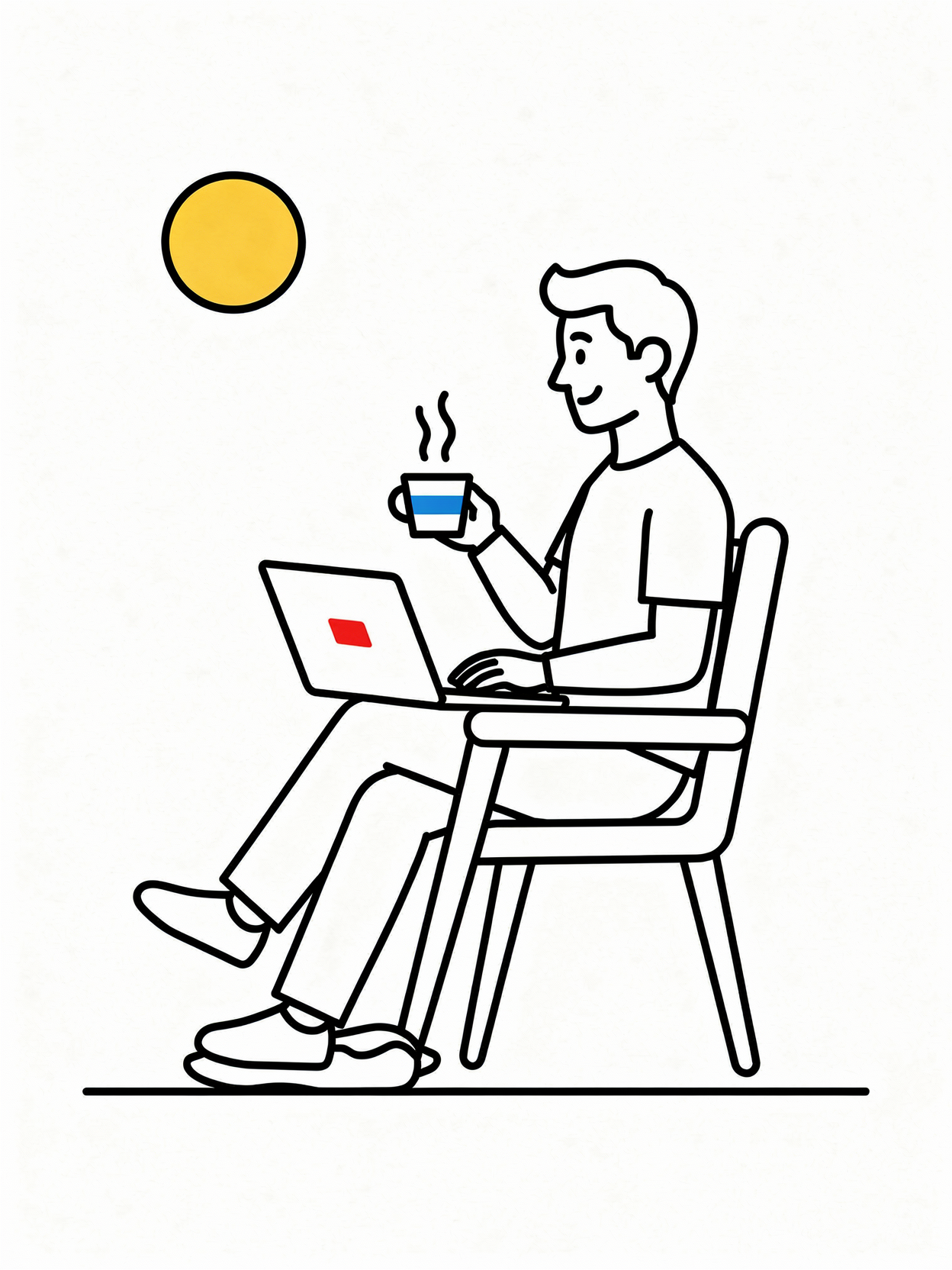 ein Bild in sketchnotes stil vom Ki_camper® Eine männliche Person sitzt freudig und entspannt mit Laptop und Kaffee in der Natur und arbeitet